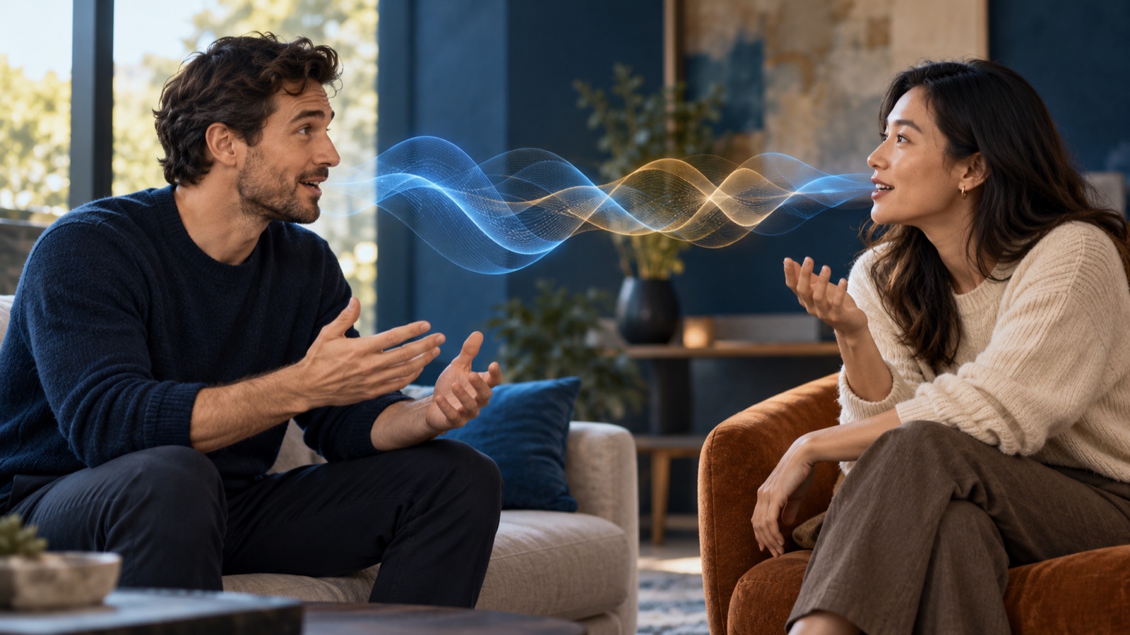 Two people converse naturally while overlapping sound waves suggest simultaneous listening and speaking