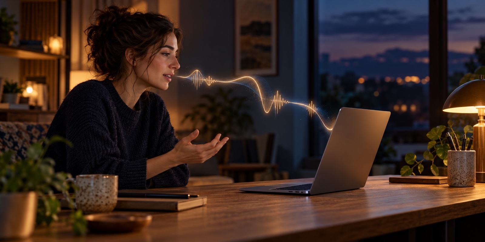 A person speaks beside an unbranded laptop as a subtle sound wave loops locally between them