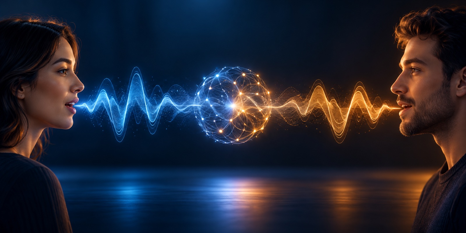 A voice waveform passes through an abstract model and becomes a spoken response, illustrating speech-to-speech AI without a text transcript